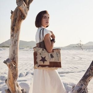 Myra Bag Handmade Spur Tote Bag Upcycled Canvas & Cowhide Leather